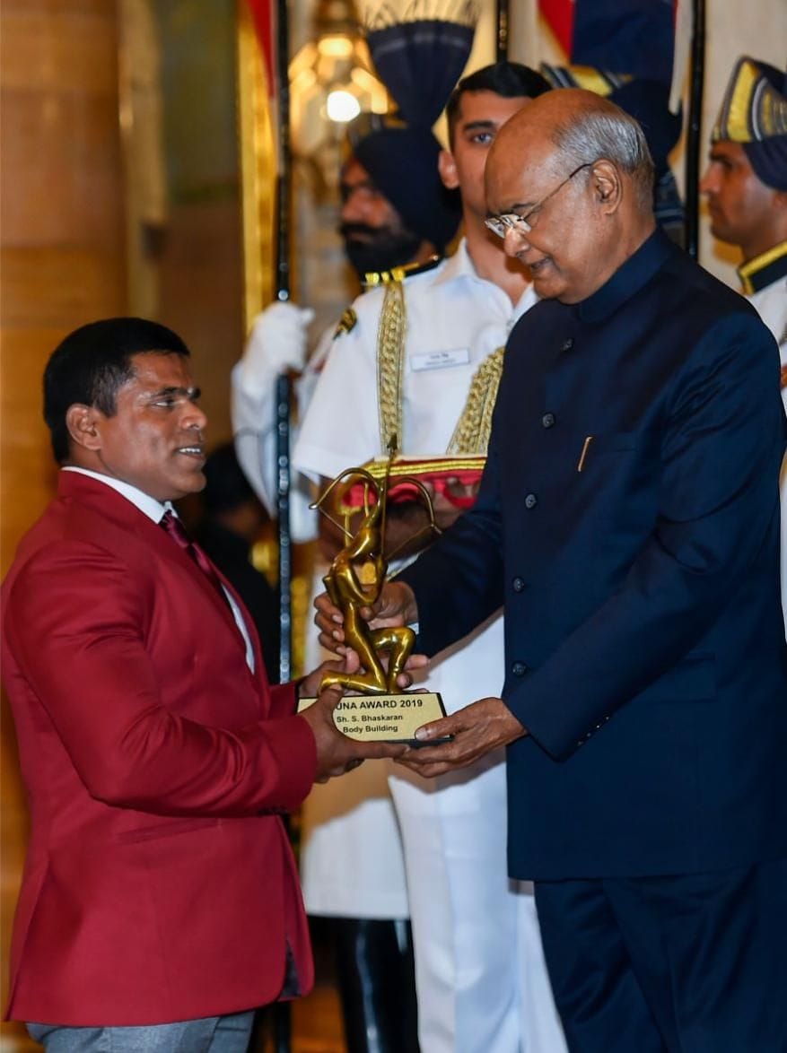 Coach S. Bhaskaran receiving the Arjuna Award 2019